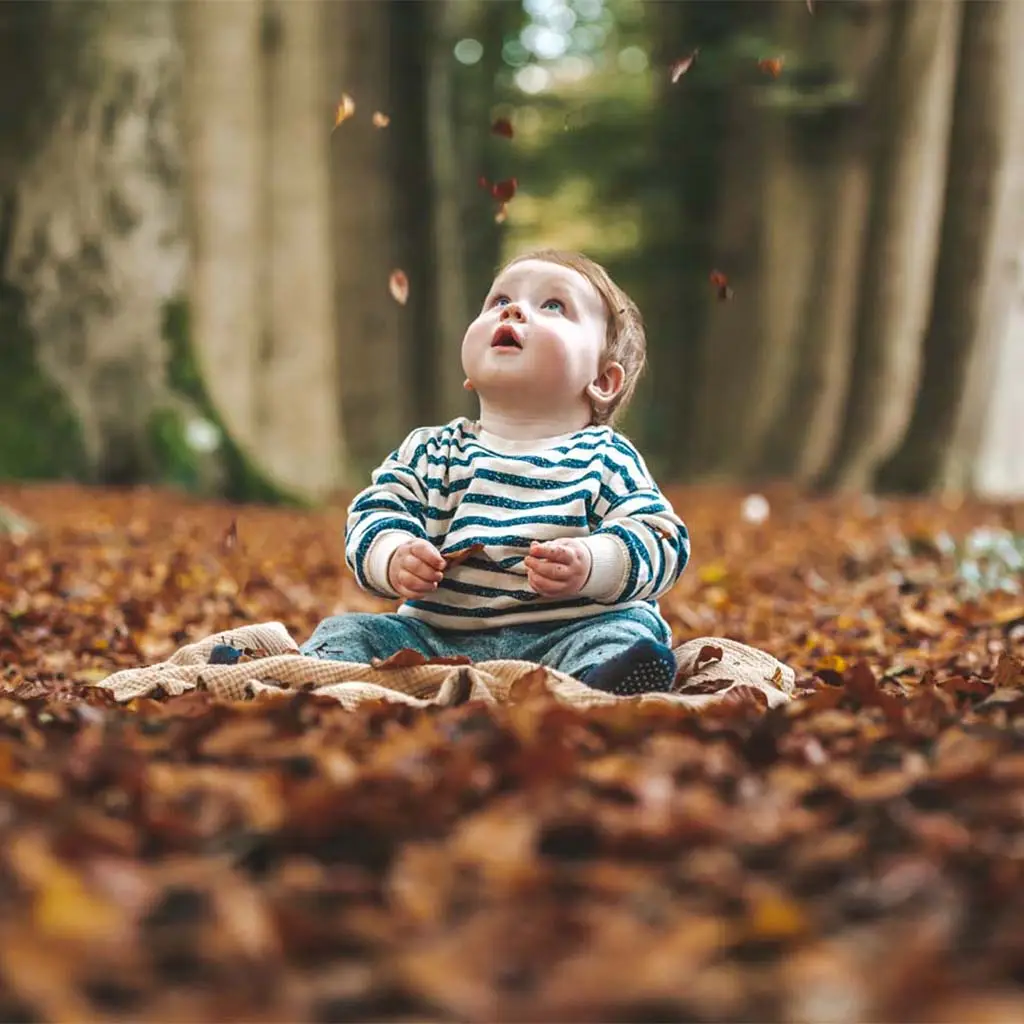 Kind geniet van vallende herfstbladeren tijdens familie fotoshoot in het bos